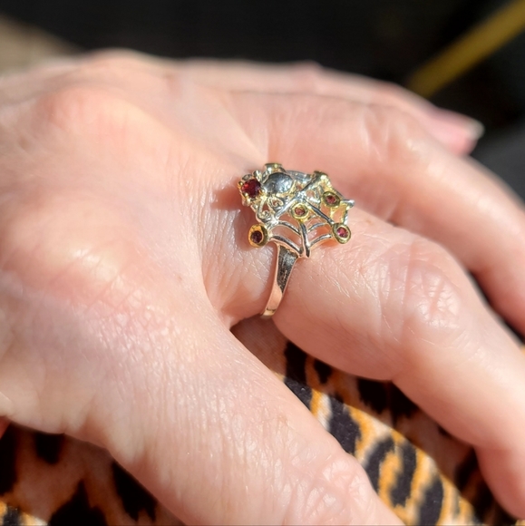 Red Tourmaline & Garnet sleek sterling spider 🕷 on 🕸 web ring sz 8 - Picture 9 of 14